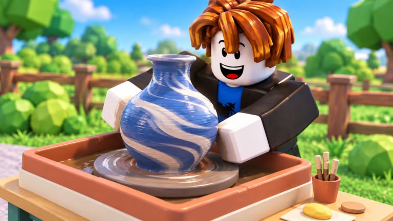 Official promotional image: a blocky avatar shaping a blue-and-white vase on the wheel.